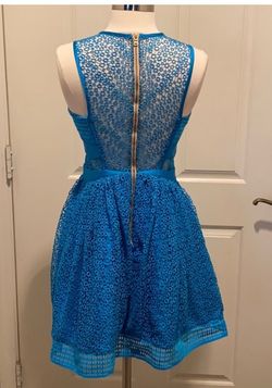 Three Floor Blue Size 2 Sheer Winter Formal Boat Neck Cocktail Dress on Queenly