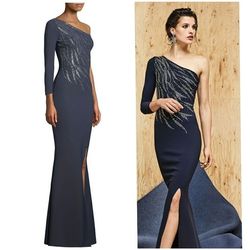 Chiara Boni Blue Size 2 Floor Length Tall Height Shiny Side slit Dress on Queenly