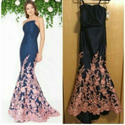 Mac Duggal Multicolor Size 10 Pageant Floral Strapless Navy Mermaid Dress on Queenly