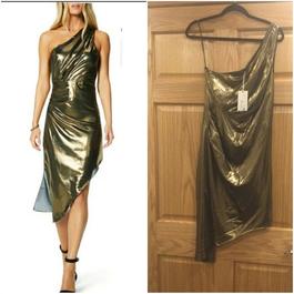 Rami Brook Gold Size 8 Midi Shiny $300 One Shoulder Cocktail Dress on Queenly