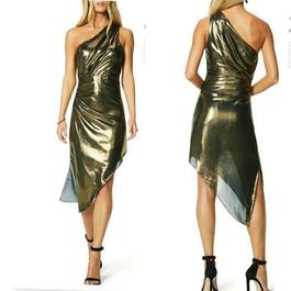 Rami Brook Gold Size 8 Midi Shiny $300 One Shoulder Cocktail Dress on Queenly