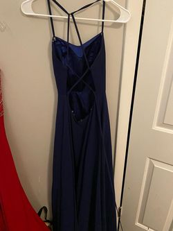 Faviana Navy Blue Size 0 Floor Length Side slit Dress on Queenly