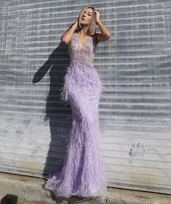 Jovani Purple Size 10 Feather Prom Mermaid Dress on Queenly