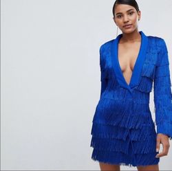 Lavish Alice Blue Size 2 Fringe Midi Long Sleeve Cocktail Dress on Queenly