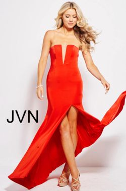 Style 49580 Jovani Red Size 6 Floor Length Sheer $300 Side slit Dress on Queenly