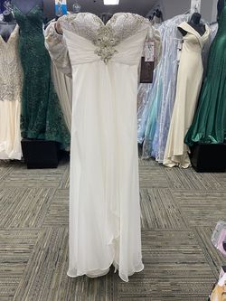 Style 65116L Mac Duggal White Size 8 Strapless Engagement Beaded Top Tall Height Side slit Dress on Queenly