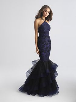 Style 18-647 Madison James Navy Blue Size 6 Floral Halter Mermaid Dress on Queenly