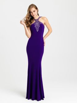Style 16-373 Madison James Purple Size 4 Black Tie Straight Dress on Queenly