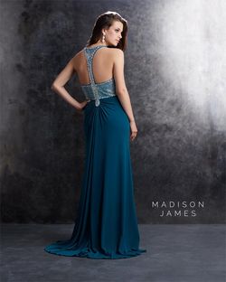 Style 15-169 Madison James Green Size 4 Tall Height Black Tie Floor Length Jersey Side slit Dress on Queenly