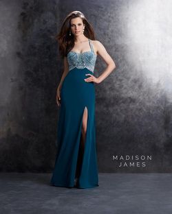 Style 15-169 Madison James Green Size 4 Jersey Floor Length Side slit Dress on Queenly