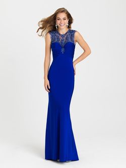 Style 16-383 Madison James Blue Size 2 Floral Black Tie Tall Height Straight Dress on Queenly
