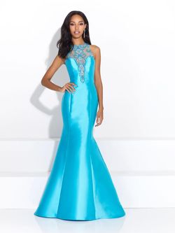 Style 17-291 Madison James Blue Size 2 Train Ruffles Mermaid Dress on Queenly