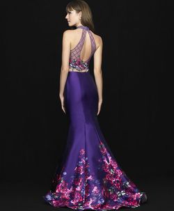 Style 18-602 Madison James Purple Size 4 Print Silk Mermaid Dress on Queenly