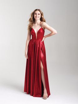 Style 20-352 Madison James Red Size 4 Tall Height Black Tie Floor Length Side slit Dress on Queenly