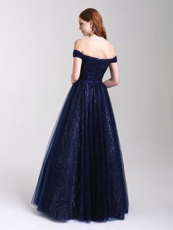Style 20-336 Madison James Blue Size 16 Navy Tulle Sequin Ball gown on Queenly