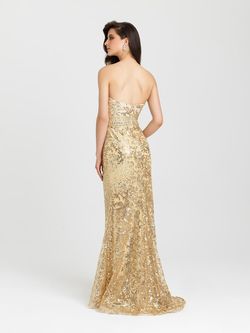 Style 16-318 Madison James Gold Size 10 Shiny Military Floor Length Straight Dress on Queenly
