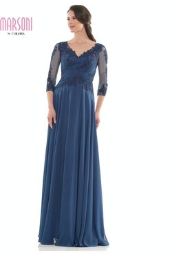 Style 237 Marsoni Blue Size 6 Sleeves Lace Tall Height A-line Dress on Queenly