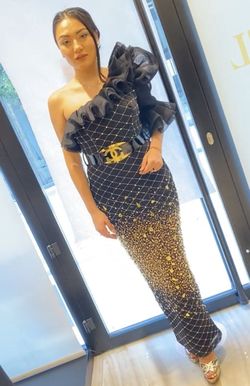 Gold and Black Black Size 4 Floor Length Sequin Ruffles Jewelled Straight Dress on Queenly