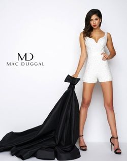Style 85606R Mac Duggal White Size 10 Train Bridal Shower Belt Bachelorette Jumpsuit Dress on Queenly