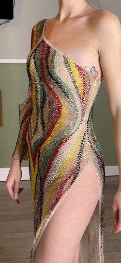 Jovani Multicolor Size 4 Sorority Formal Free Shipping One Shoulder Pattern Side slit Dress on Queenly