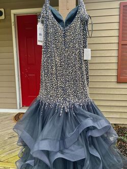 Colors Couture Silver Size 14 Plus Size Floor Length Ruffles Gray Mermaid Dress on Queenly