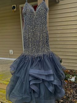 Colors Couture Silver Size 14 Plus Size Floor Length Ruffles Gray Mermaid Dress on Queenly