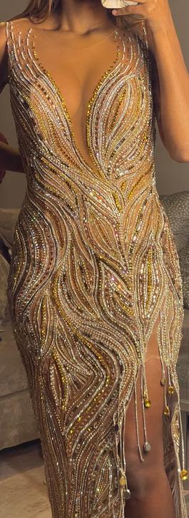Angel Vivas Gold Size 4 Fully-beaded Showstopper Prom Side slit Dress on Queenly