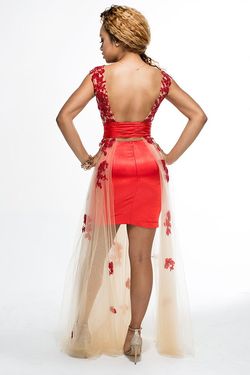 Style 16351 Brit Cameron Red Size 2 Sheer Satin Lace Cocktail Dress on Queenly