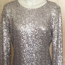 Badgley Mischka Silver Size 14 $300 Sequined Free Shipping Sleeves Cocktail Dress on Queenly