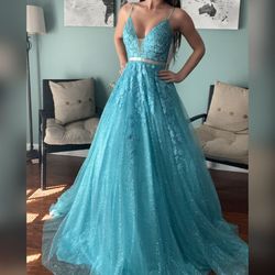 Jovani Blue Size 00 Belt Floor Length Plunge A-line Dress on Queenly