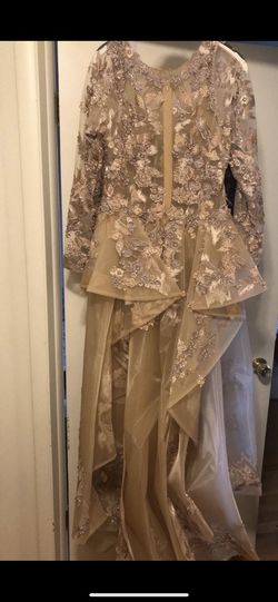 MNM Couture Gold Size 14 Floor Length Tall Height Plus Size Sleeves Train Dress on Queenly