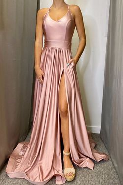 Style 341 Jessica Angel Pink Size 4 Halter Prom Tall Height Side slit Dress on Queenly