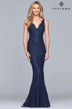 Style S8089 Faviana Blue Size 12 Floor Length Navy Mermaid Dress on Queenly