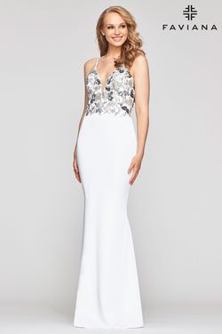 Style S10475 Faviana White Size 4 Floor Length Military Tall Height Straight Dress on Queenly
