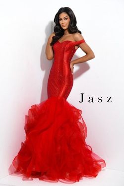 Style 7334 Jasz Couture Red Size 4 Tall Height Military Mermaid Dress on Queenly