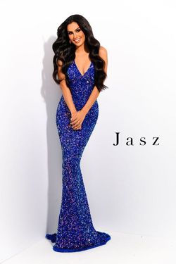 Style 7378 Jasz Couture Blue Size 6 Fitted Floor Length Jewelled Straight Dress on Queenly