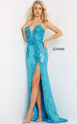 Style 1012 Jovani Blue Size 4 Sequin Floor Length Sequined Side slit Dress on Queenly