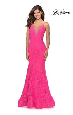 Style 28355 La Femme Pink Size 2 V Neck Tall Height Fitted Lace Mermaid Dress on Queenly