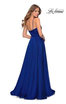 Style 28611 La Femme Blue Size 2 Prom V Neck Spaghetti Strap Side slit Dress on Queenly