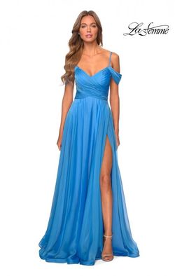 Style 28942 La Femme Blue Size 16 Tall Height Black Tie Tulle Side slit Dress on Queenly