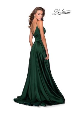 Style 28607 La Femme Green Size 10 Emerald V Neck Side slit Dress on Queenly