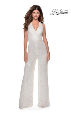 Style 28719 La Femme White Size 6 Backless Sequin Euphoria Jumpsuit Dress on Queenly
