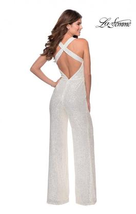 Style 28719 La Femme White Size 10 Backless Sequin Euphoria Jumpsuit Dress on Queenly