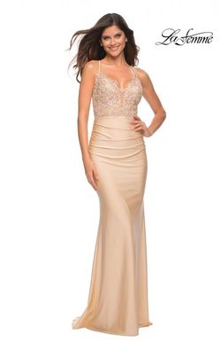 Style 30466 La Femme Gold Size 4 Jersey Black Tie Military Mermaid Dress on Queenly