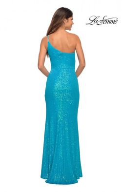 Style 30618 La Femme Blue Size 4 Tall Height Black Tie Side slit Dress on Queenly