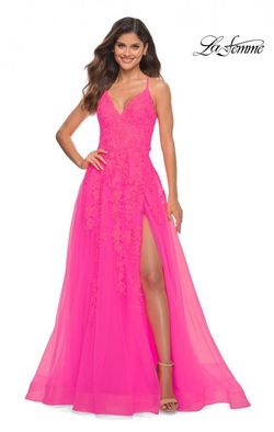 Style 30303 La Femme Pink Size 4 30303 Floor Length Lace Side slit Dress on Queenly