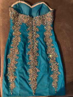 Jovani Blue Size 6 Teal Strapless Mini Cocktail Dress on Queenly