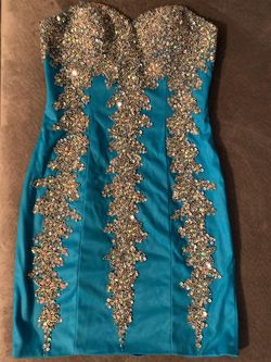 Jovani Blue Size 6 Teal Strapless Mini Cocktail Dress on Queenly