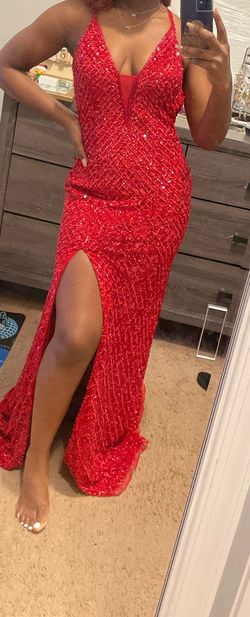 Primavera Red Size 4 Side Slit Sequin Overskirt Jewelled Cape Straight Dress on Queenly