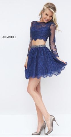 Sherri Hill Blue Size 8 Sheer Lace Cocktail Dress on Queenly